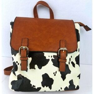 Cow Print Mini Backpack Brown Faux Leather Polyester Western Bag Small